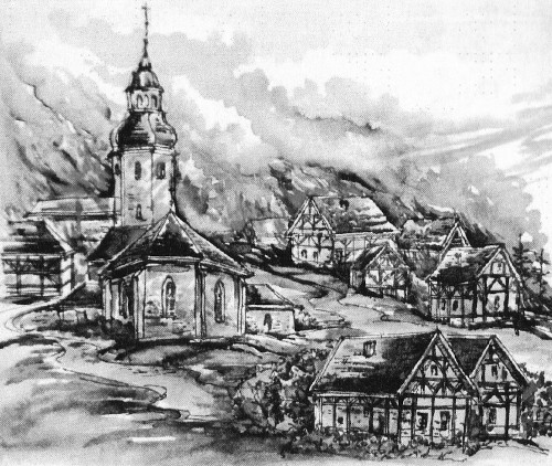 Eine Illustration der Möschlitzer Dorfbrände. Die Kirche brennt lichterloh.
